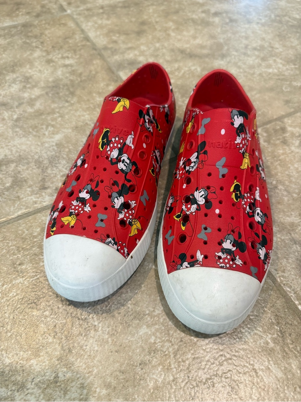 Women’s Native Shoes Red Slip-On Sneakers with White Toe Cap